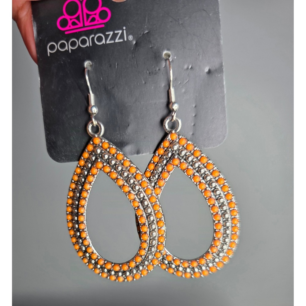 Paparazzi Earrings Bundle 3 Pairs Silver Tone Orange Beaded Teardrop Oval Hoops